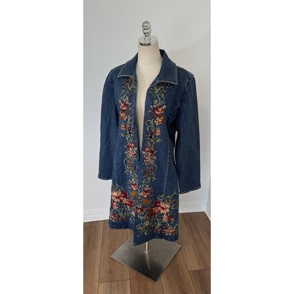 Vintage Denim Long Jacket XL Embroidered Floral Boho Penny Lane Cottagecore Y2K - Picture 1 of 16